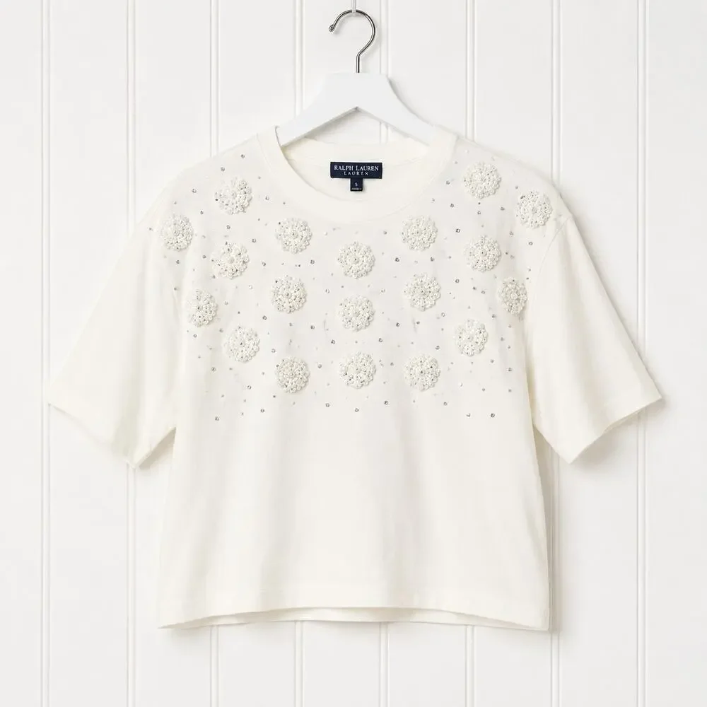 J.Crew Womens Ivory Embellished Sequin Floral Cotton T Shirt NWT Small